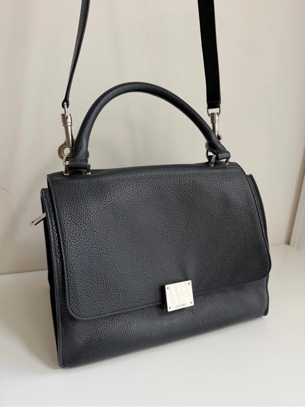Authentic CELINE Small Trapeze Black Leather Suede Handbag